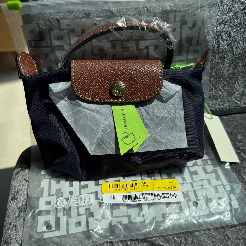 Longchamp Mini Le Pliage Top-Handle Bag in Navy and Brown